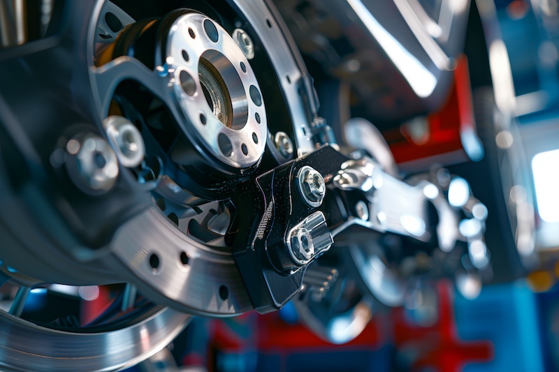Detailed close-up of a car's wheel alignment being precisely adjusted using modern machinery. focused on ensuring optimal handling and balanced tire wear, this scene highlights automotive care and professional maintenance.