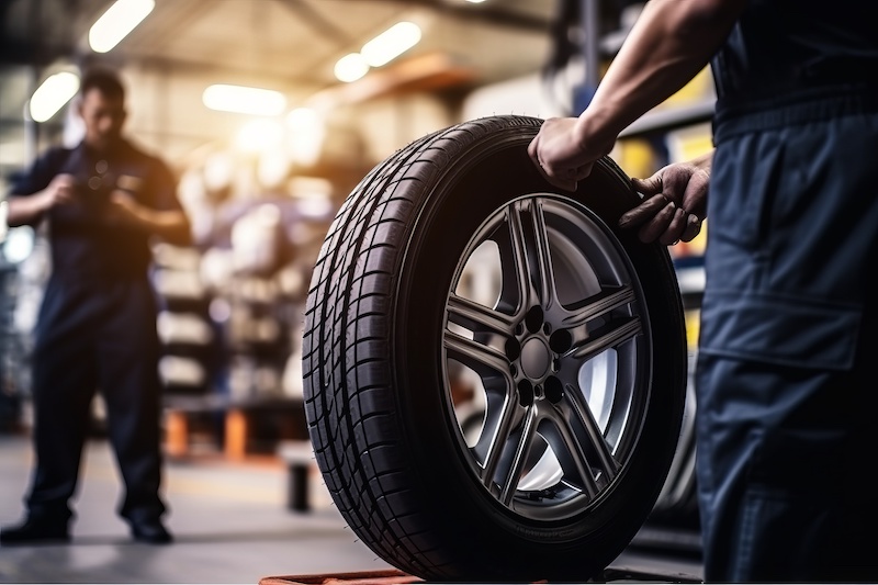 Car tire service with a mechanic holding a new tire