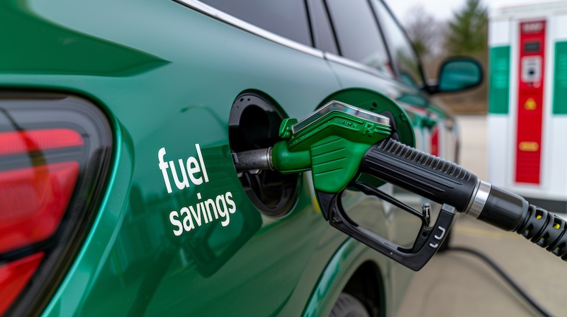 Hybrid car with "fuel savings" sticker parked next to gas station, [eco-friendly choice], [cost efficiency]