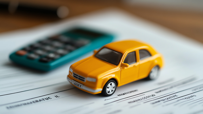 A vibrant yellow toy car placed on top of financial documents, accompanied by a calculator, symbolizing budgeting and car-related expenses.