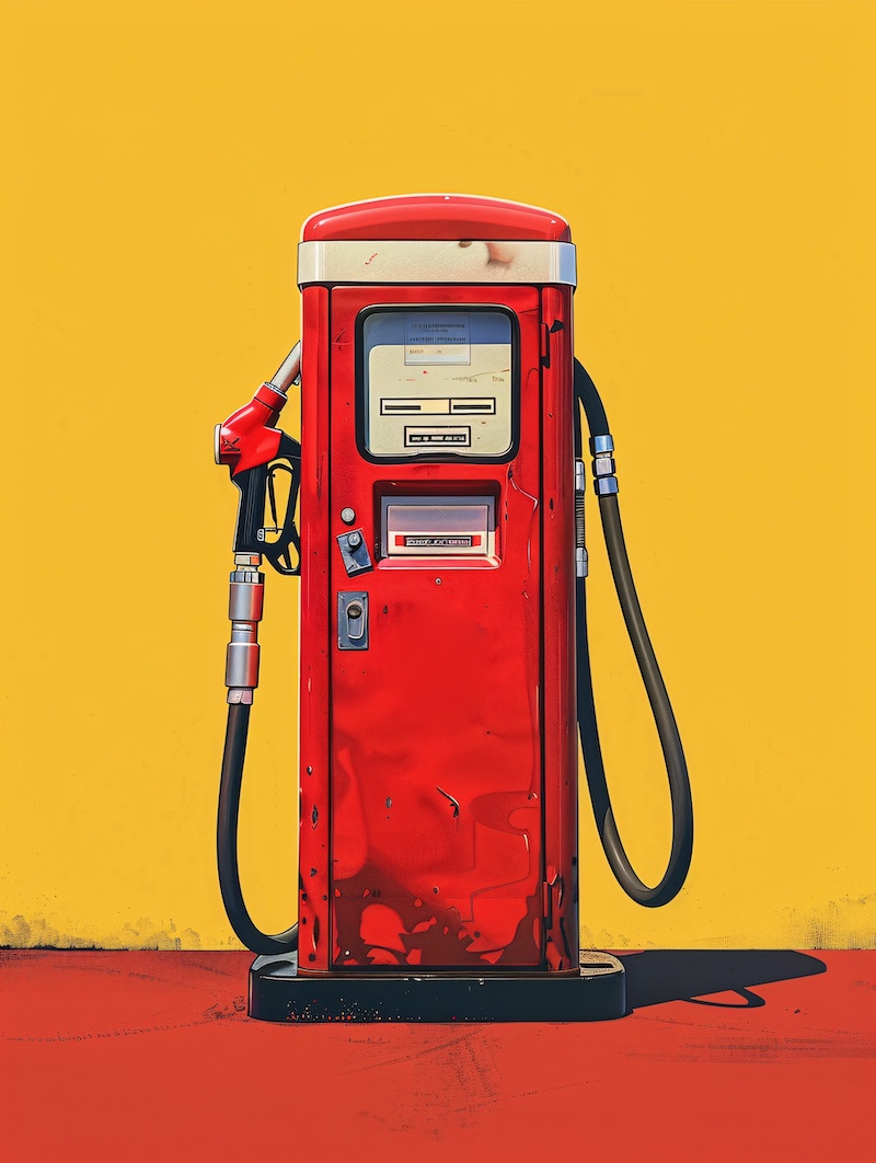 A lively depiction of a timeless crimson gas pump evoking the sentimentality and uncomplicatedness of historic fuel stops.