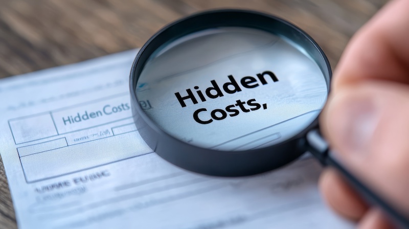 A hand holding a magnifying glass over a document highlighting the phrase "Hidden Costs," emphasizing the need to examine financial details closely.