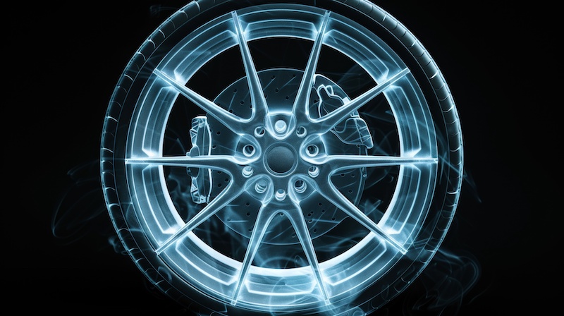 3D rendering of an X-ray image of a car wheel isolated on a black background. [693] --ar 16:9 Job ID: 6b462626-81fa-4bcc-b458-2acf1a6640c1