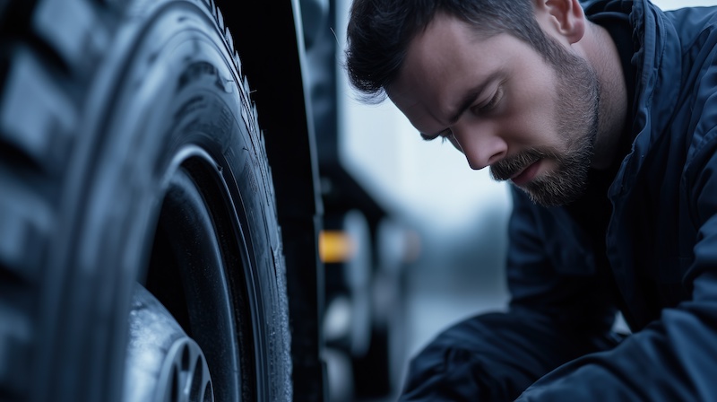 Male mechanic inspecting the tires of a truck in an outdoor setting. focused on ensuring vehicle readiness, the importance of maintenance and safety in the automotive industry.