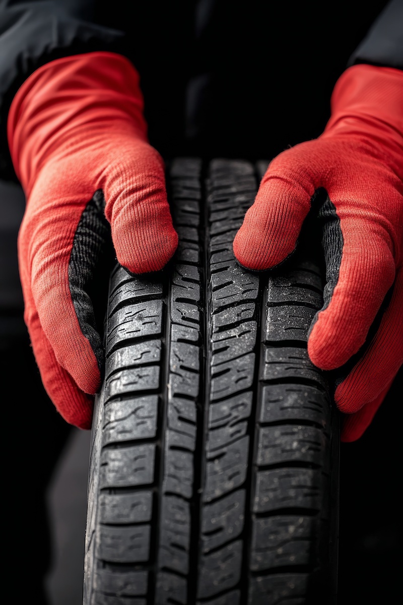 A person is carefully examining a tire with red gloves on, examining its tread and condition in a workshop environment, showcasing attention to detail and safety.