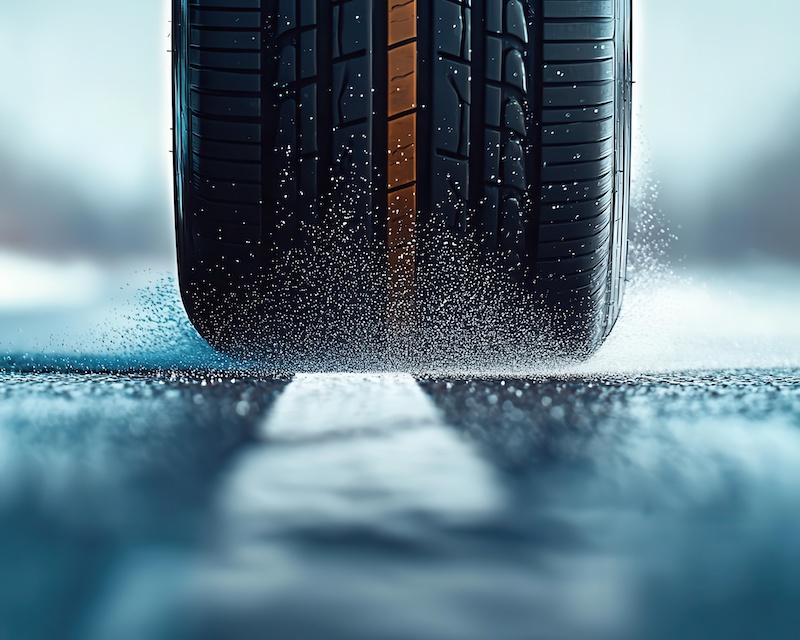 Car tire rubbing against the road surface, generating heat, thermodynamics, friction heat generation concept