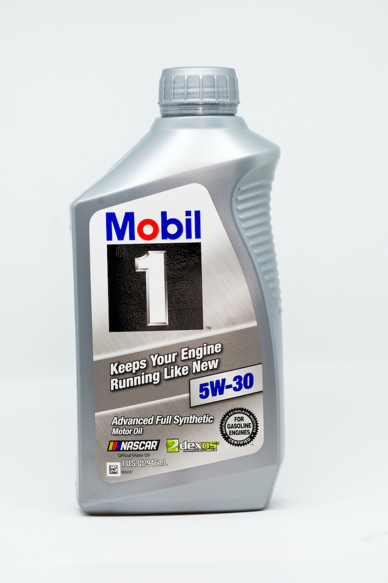 ST. PAUL, MN/USA - JANUARY 27, 2019: Mobil 1synthetic motor oil container. Mobil 1 is a brand of synthetic motor oil and other automotive lubrication products.