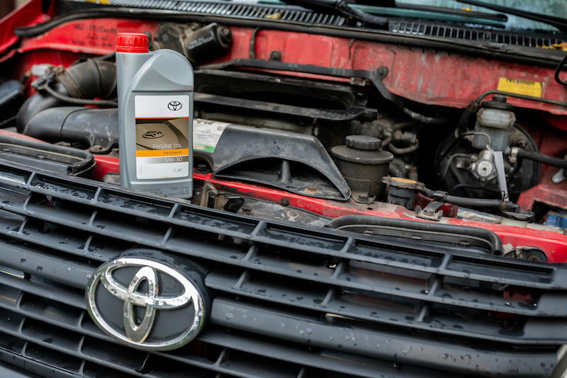 Miercurea Ciuc, Romania-14 September 2024:Toyota 5 W-30 engine oil on a 2,5 liter diesel engine.