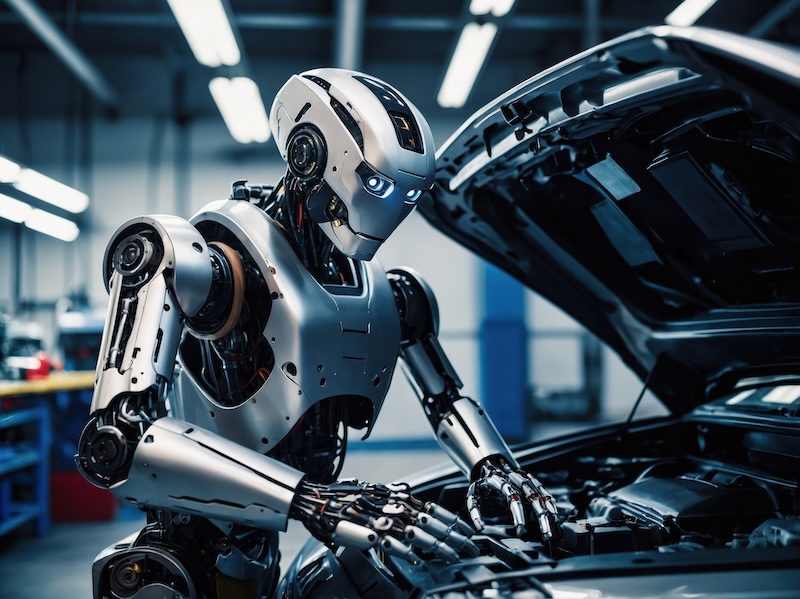 Humanoid robot repairs car hood in a modern automotive workshop using advanced technology and intricate mechanics